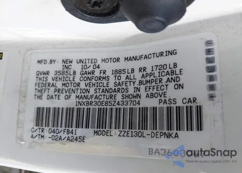 2005 Toyota Corolla Le z USA, uszkodzony, nr VIN 1NXBR30E85Z433704